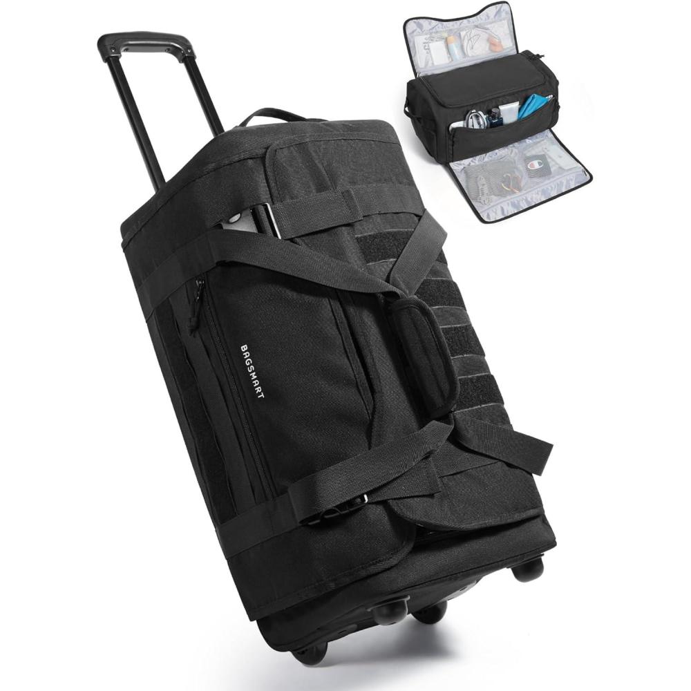 imageBAGSMART Rolling Duffle Bag with Wheels Tactical Carry on Luggage Travel Bag Gym Duffel for Men Women Duffel with PVC Wet Pocket BlackBlack