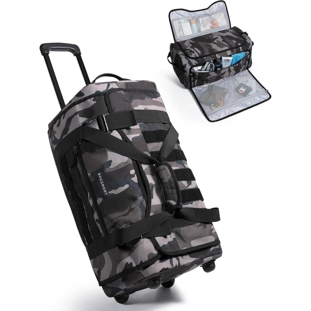 imageBAGSMART Rolling Duffle Bag with Wheels Tactical Carry on Luggage Travel Bag Gym Duffel for Men Women Duffel with PVC Wet Pocket BlackCamouflage