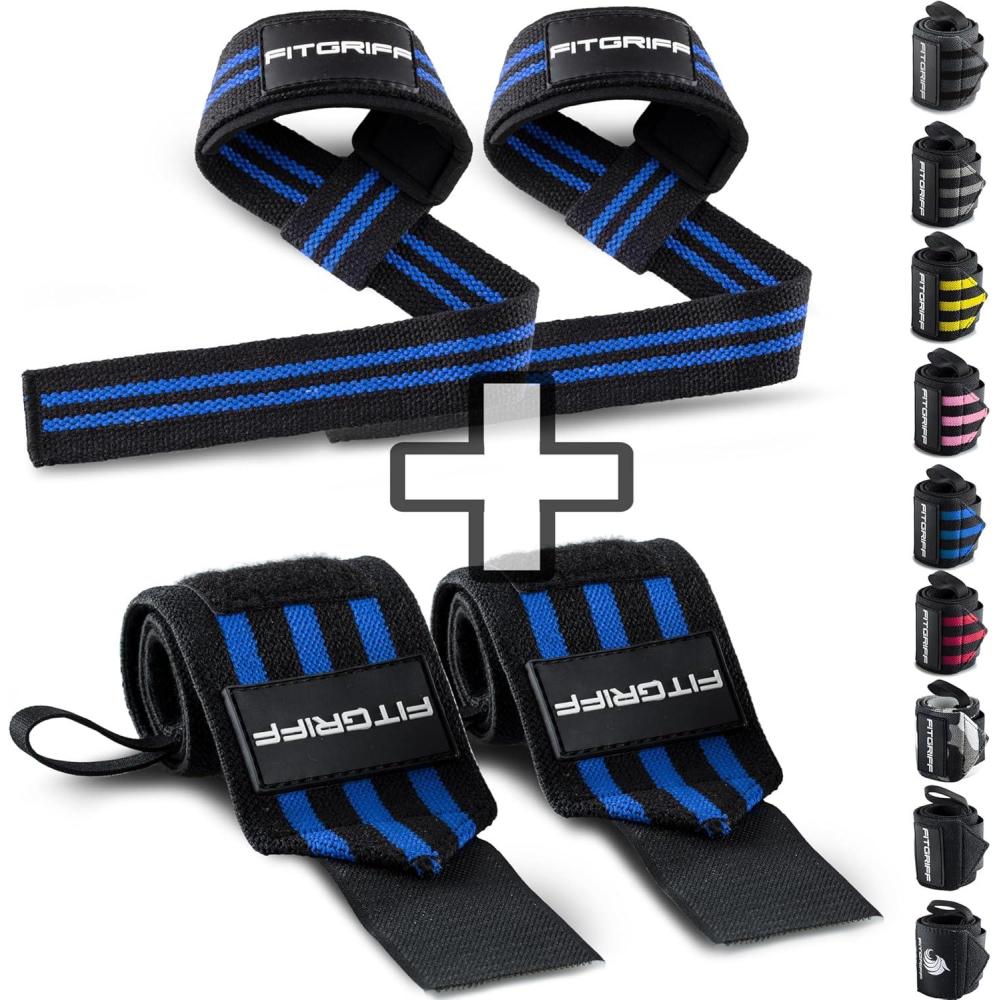 imageFitgriff Lifting Straps ampamp Wrist Wraps Bundle Superior Support for Weightlifting ampamp Gym Workouts  for Men and WomenBlackBlue
