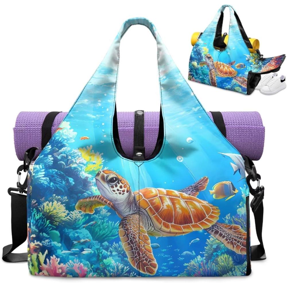 imageGym Bag with Yoga Mat Holder Large Tote Bag With Multi Pockets for Women Men Dry Wet Separated Pocket Carryall Yoga Tote Bags for Pilates Travel Workout Officeblue Sea Turtle Print