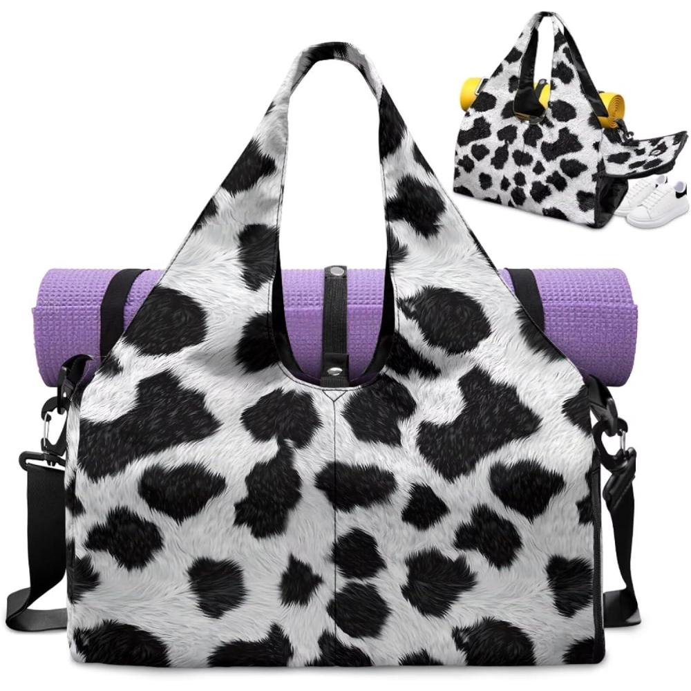 imageGym Bag with Yoga Mat Holder Large Tote Bag With Multi Pockets for Women Men Dry Wet Separated Pocket Carryall Yoga Tote Bags for Pilates Travel Workout OfficeCow Leopard Print