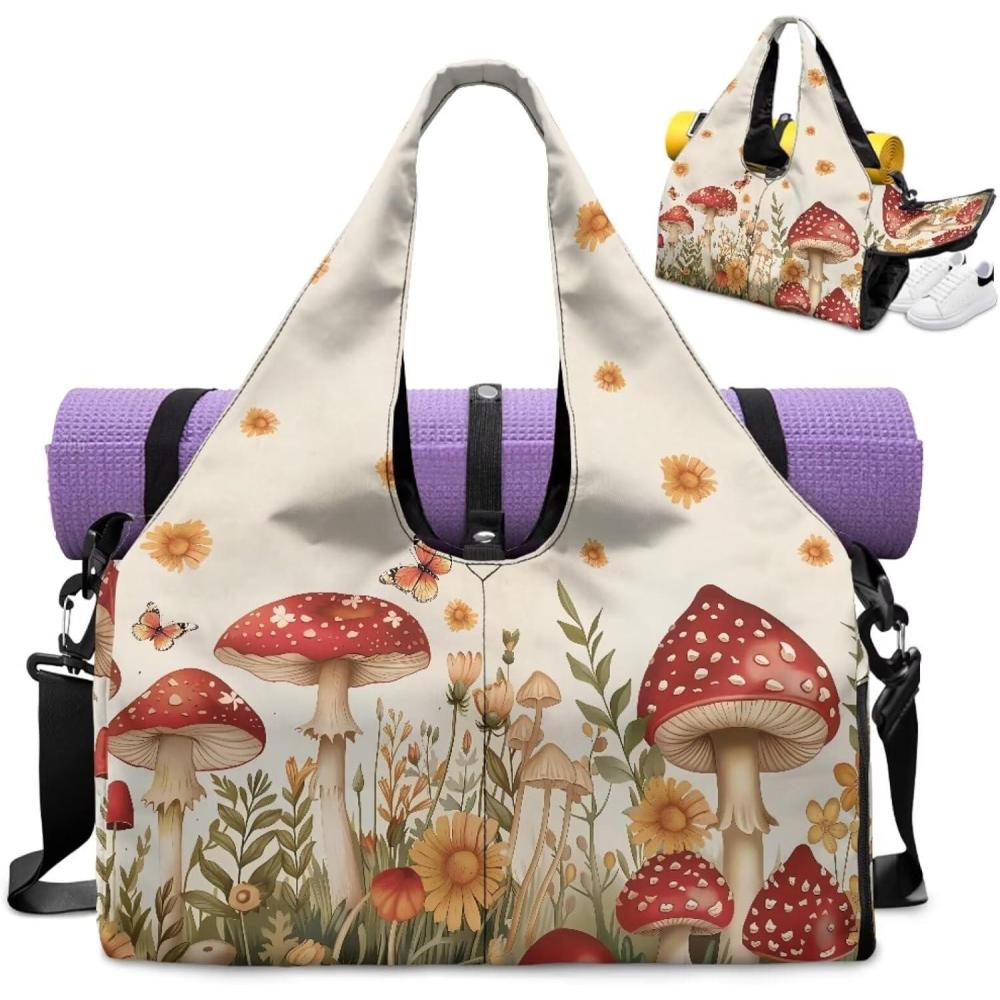 imageGym Bag with Yoga Mat Holder Large Tote Bag With Multi Pockets for Women Men Dry Wet Separated Pocket Carryall Yoga Tote Bags for Pilates Travel Workout OfficeMushroom