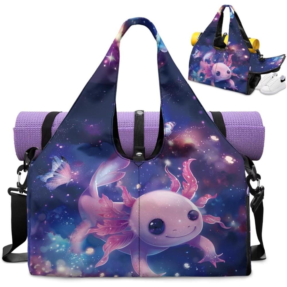 imageGym Bag with Yoga Mat Holder Large Tote Bag With Multi Pockets for Women Men Dry Wet Separated Pocket Carryall Yoga Tote Bags for Pilates Travel Workout OfficeGalaxy Axolotl