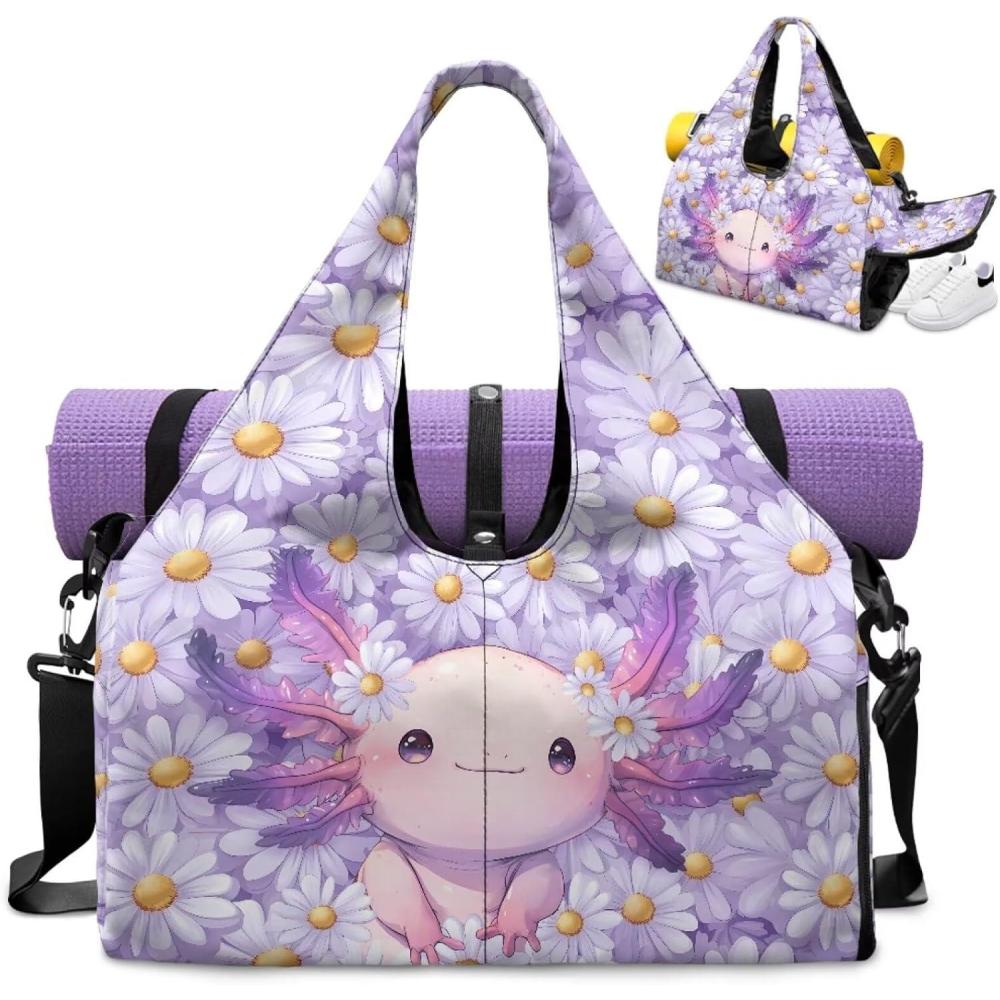 imageGym Bag with Yoga Mat Holder Large Tote Bag With Multi Pockets for Women Men Dry Wet Separated Pocket Carryall Yoga Tote Bags for Pilates Travel Workout OfficePink Axolotl