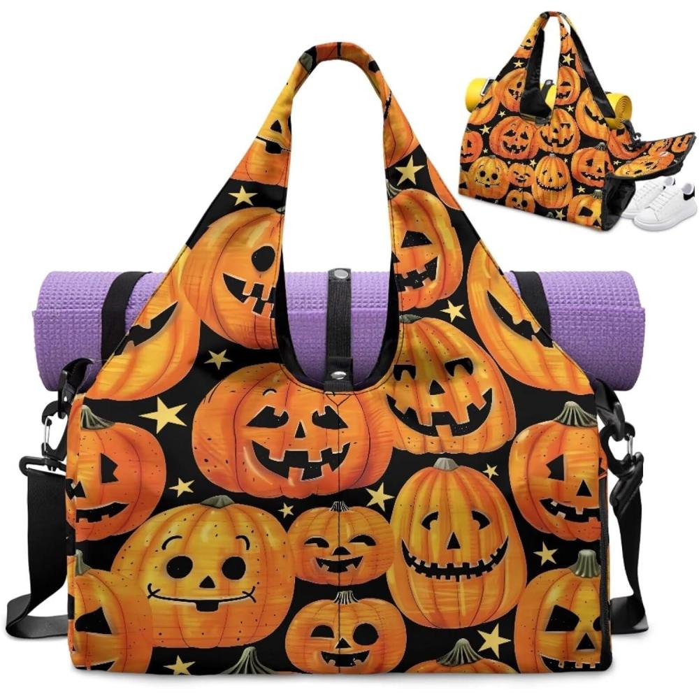 imageGym Bag with Yoga Mat Holder Large Tote Bag With Multi Pockets for Women Men Dry Wet Separated Pocket Carryall Yoga Tote Bags for Pilates Travel Workout OfficeHalloween Pumpkin