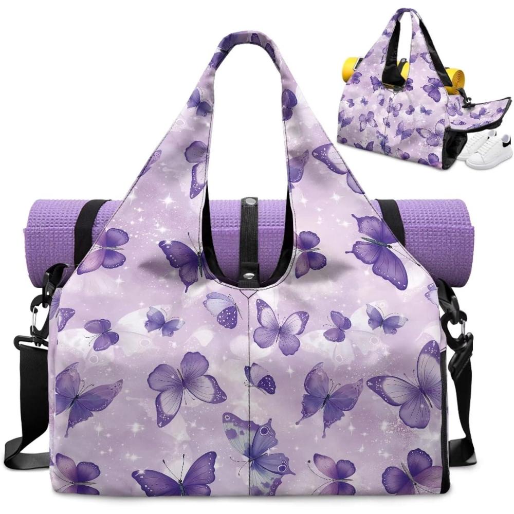 imageGym Bag with Yoga Mat Holder Large Tote Bag With Multi Pockets for Women Men Dry Wet Separated Pocket Carryall Yoga Tote Bags for Pilates Travel Workout OfficePurple Butterfly