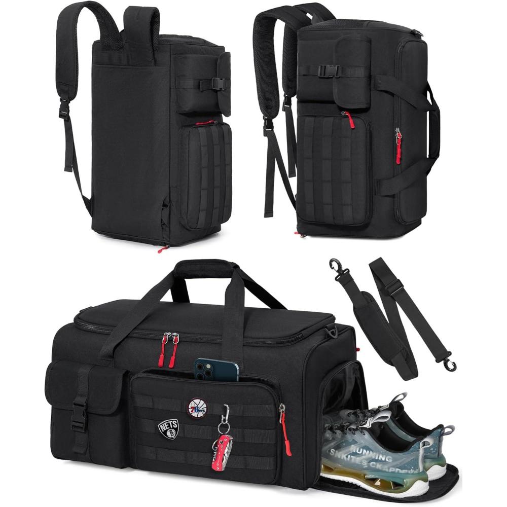 imageRAINSMORE Gym Bag for Men 45L Sports Travel Duffel Bag with Shoe ampamp Laptop Compartment Gym Workout Backpack Carry On Weekender Bag Overnight Backpack for Travel Black CamoBlack