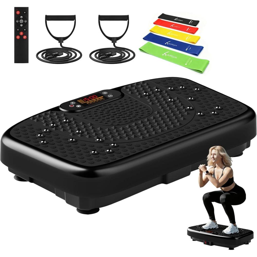 imageSoftGym Vibration Plate Exercise Machine for Lymphatic DrainagePower Vibrate Stand Shake Board 450 Lbs Capacity Whole Body Workout Waver with Fitness Resistance Bands Weight Loss Gifts for Women MenSlim Black