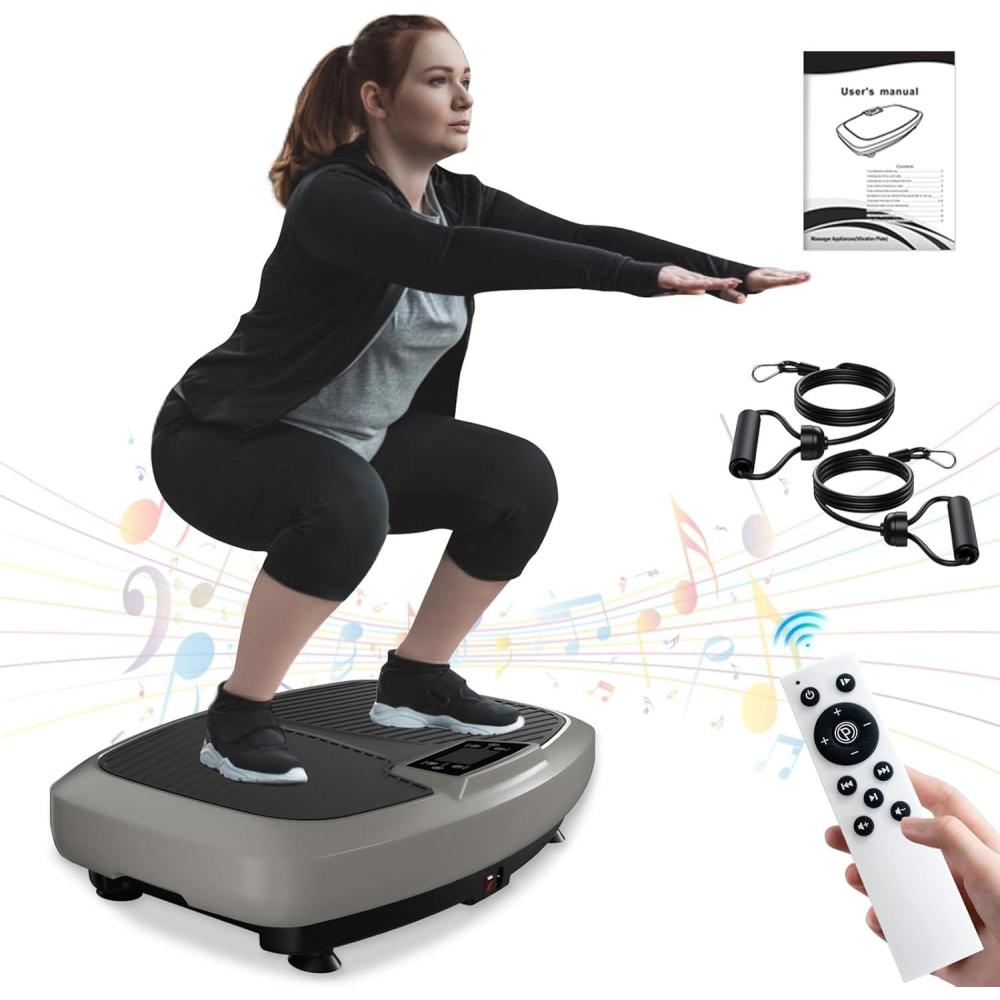 imageVibration Plate Exercise Machine  Whole Body Workout Vibration Platform Lymphatic Drainage Machine for Weight Loss Home Fitness with Resistance Bands Remote400lbs CapacityGrey