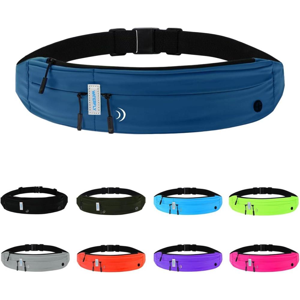 imageWATERFLY Running Belt Fanny Pack Runner Marathon Jogging Waist Pack Sport Workout Exercise Fitness Phone Holder Belt for Men Women Jogger Slim Waistband BlackDark Blue