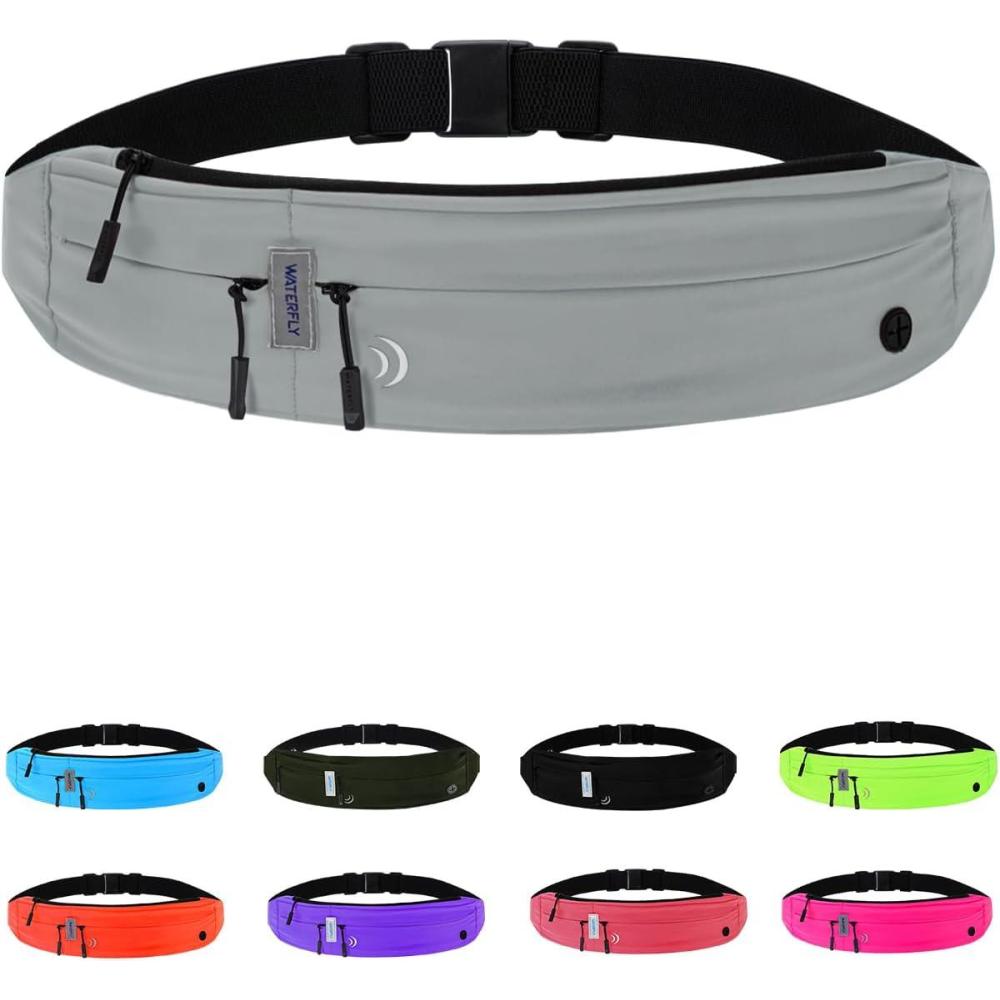 imageWATERFLY Running Belt Fanny Pack Runner Marathon Jogging Waist Pack Sport Workout Exercise Fitness Phone Holder Belt for Men Women Jogger Slim Waistband BlackGrey
