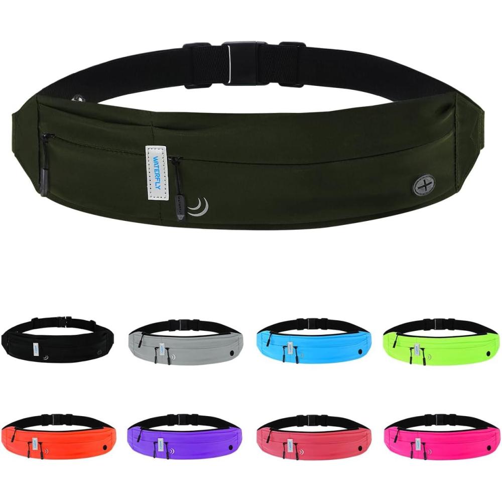 imageWATERFLY Running Belt Fanny Pack Runner Marathon Jogging Waist Pack Sport Workout Exercise Fitness Phone Holder Belt for Men Women Jogger Slim Waistband BlackOlive Green