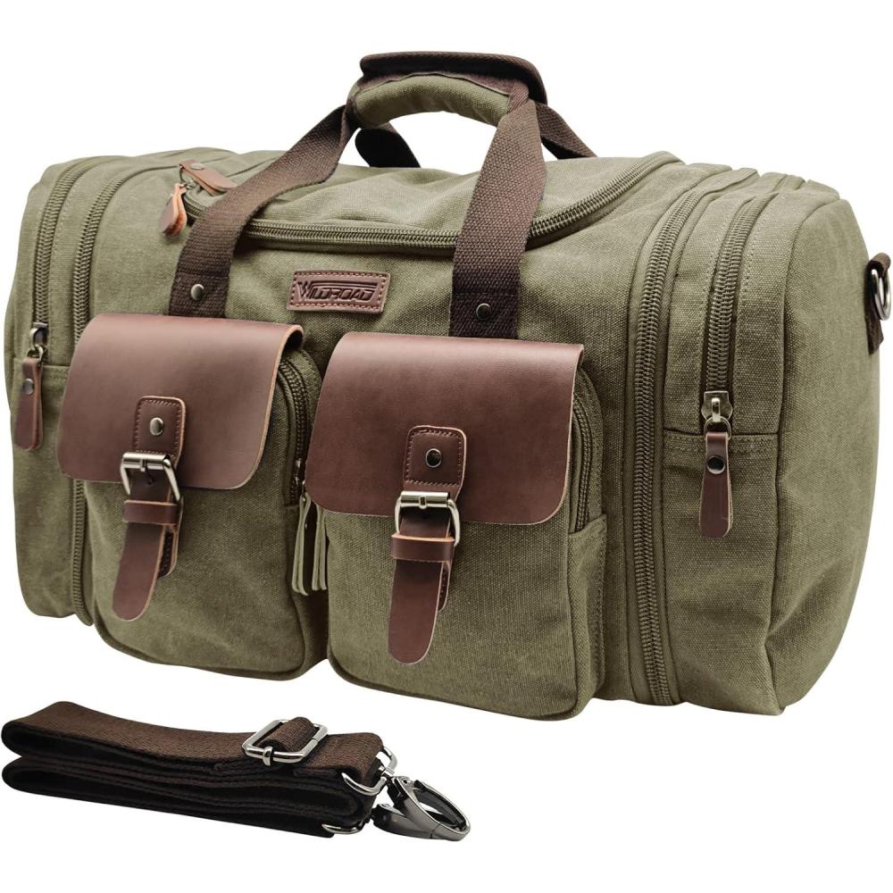imageWildroad 60L Travel Duffel Bag Expandable Canvas Genuine Leather Duffle Bag Upgraded Overnight Weekender Bag Carry on BagArmy Green