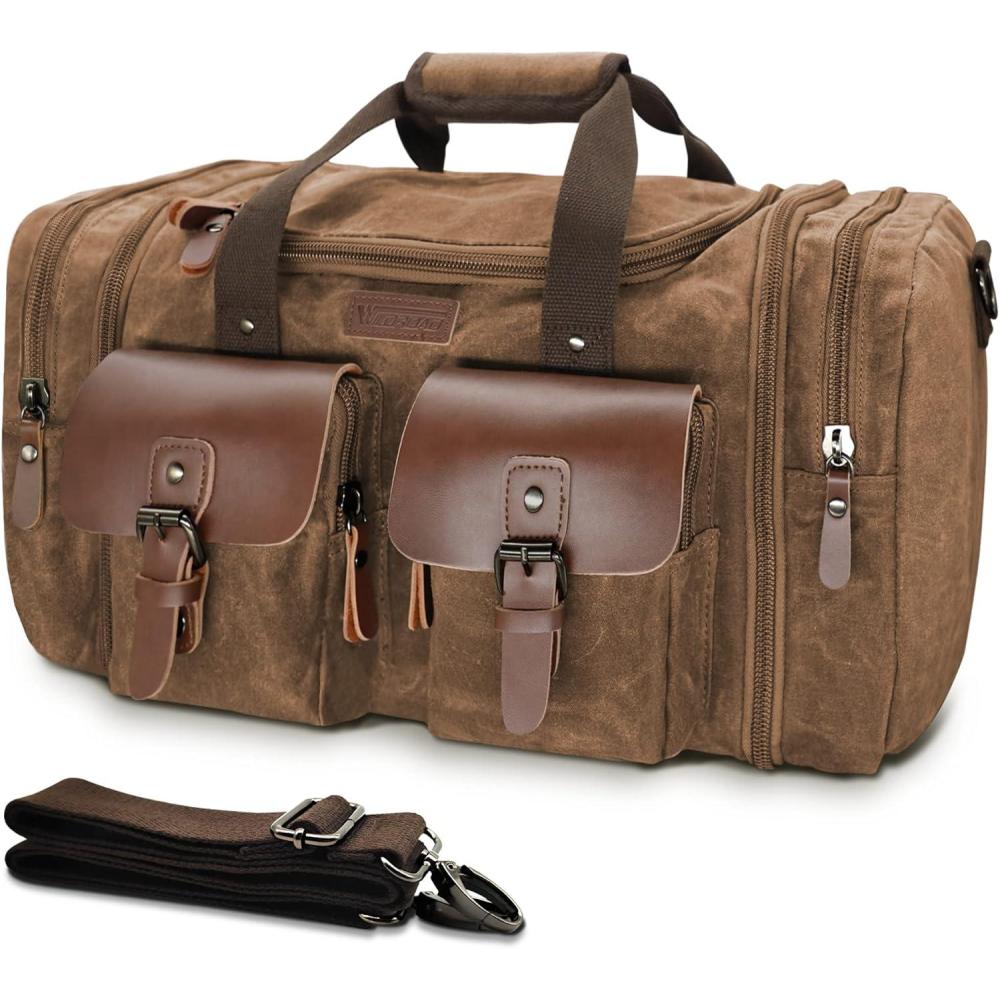 imageWildroad 60L Travel Duffel Bag Expandable Canvas Genuine Leather Duffle Bag Upgraded Overnight Weekender Bag Carry on BagVintage Dark Brown