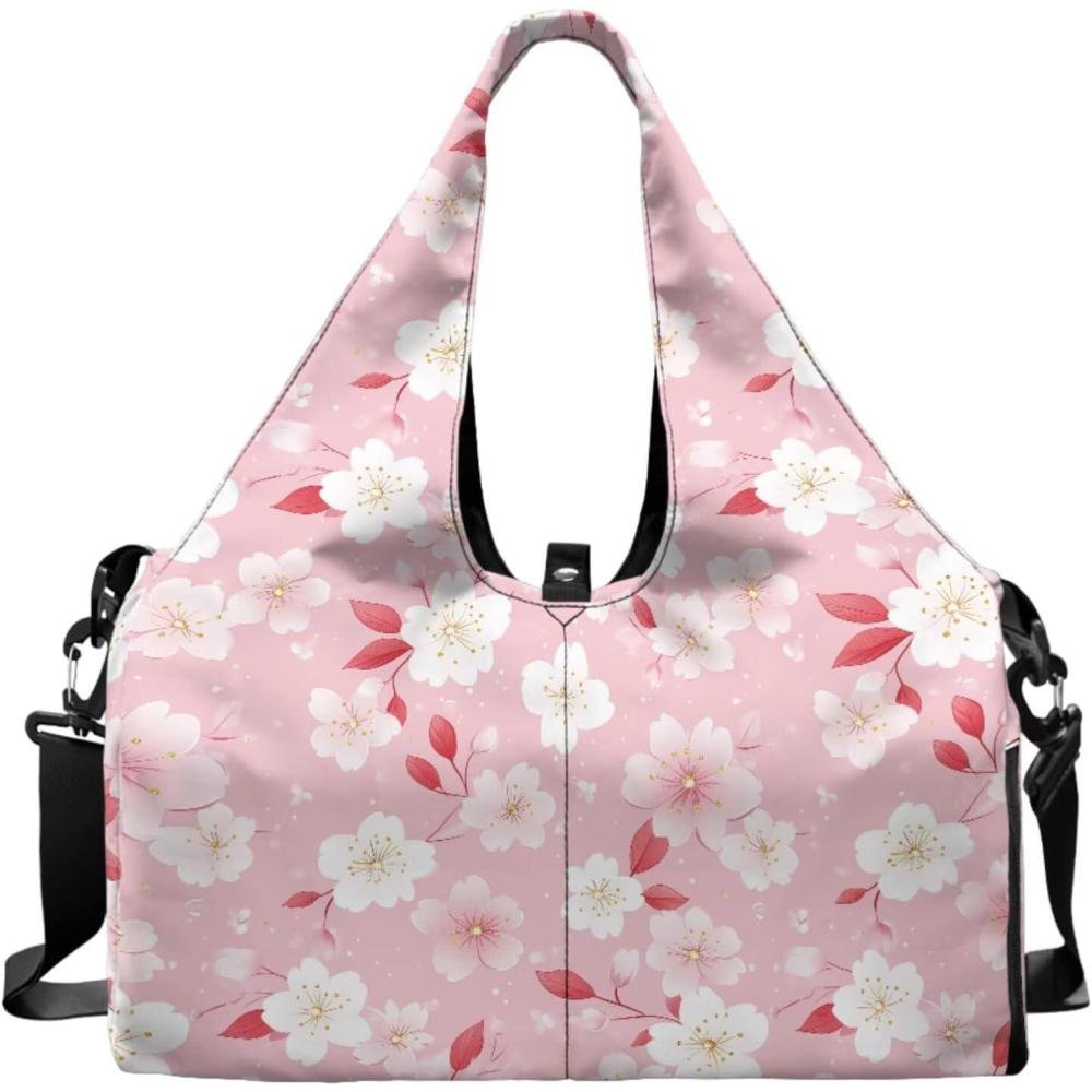imageYoga Gym Bag with Removable Adjustable Shoulder Strap Shoe Compartment ampamp Top Yoga Mat Holder 1772x866x984inPink Cherry Blossom Print