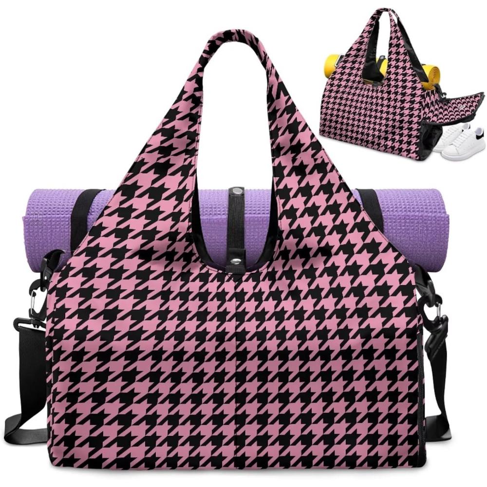 imageYoga Gym Bag with Removable Adjustable Shoulder Strap Shoe Compartment ampamp Top Yoga Mat Holder 1772x866x984inPink Houndstooth Plaid Print
