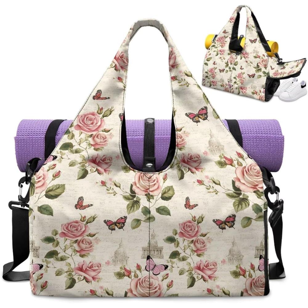 imageYoga Gym Bag with Removable Adjustable Shoulder Strap Shoe Compartment ampamp Top Yoga Mat Holder 1772x866x984inRetro Rose Butterfly Print