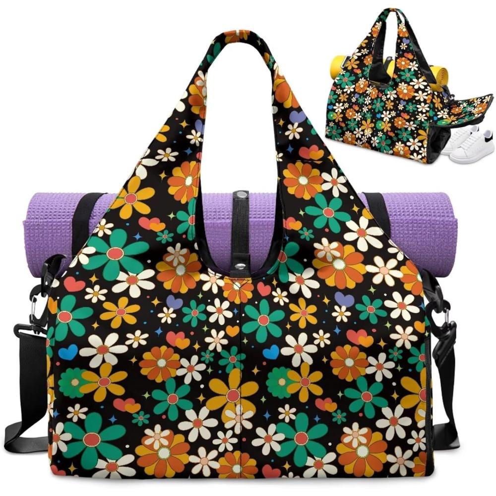imageYoga Gym Bag with Removable Adjustable Shoulder Strap Shoe Compartment ampamp Top Yoga Mat Holder 1772x866x984inVintage Hippie Flower Print