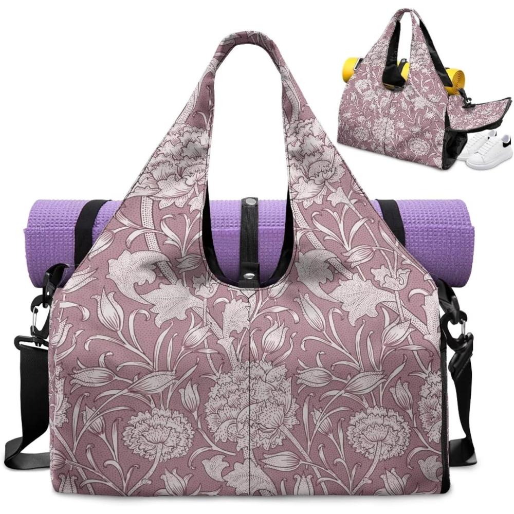 imageYoga Gym Bag with Removable Adjustable Shoulder Strap Shoe Compartment ampamp Top Yoga Mat Holder 1772x866x984inWilliam Morris Pink Floral Print