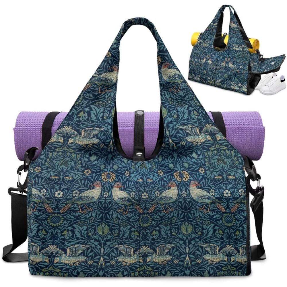imageYoga Gym Bag with Removable Adjustable Shoulder Strap Shoe Compartment ampamp Top Yoga Mat Holder 1772x866x984inWilliam Morris Retro Bird Print