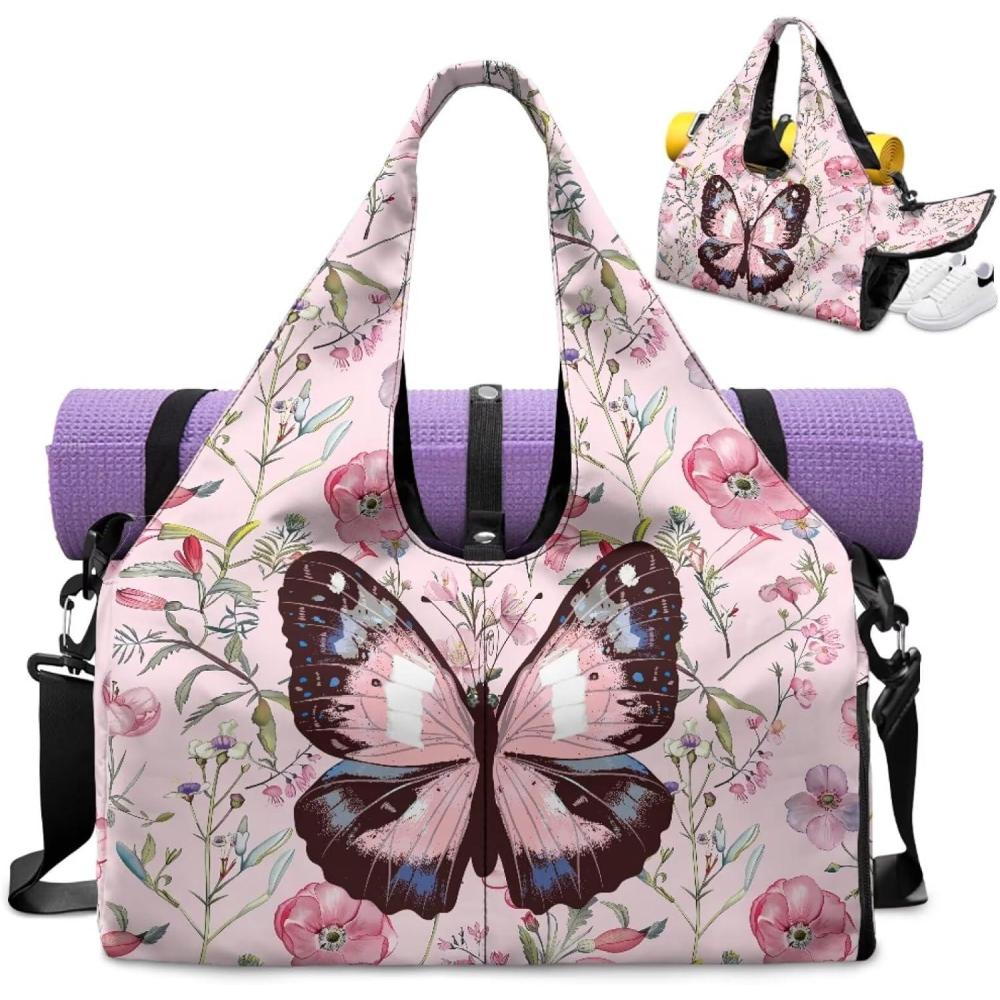 imageYoga Mat Bag for Men Women Canvas Yoga Mat Carrier Take In Out Mat Easily for Beach Swim Bags Pool Sports GymButterfly pink