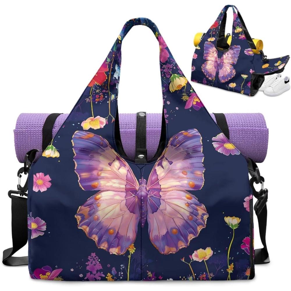 imageYoga Mat Bag for Men Women Canvas Yoga Mat Carrier Take In Out Mat Easily for Beach Swim Bags Pool Sports GymButterfly purple