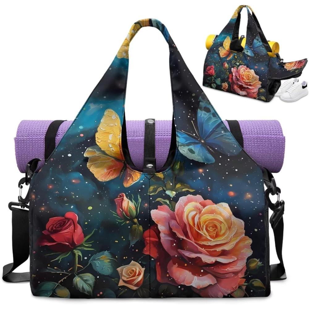 imageYoga Mat Bag for Men Women Canvas Yoga Mat Carrier Take In Out Mat Easily for Beach Swim Bags Pool Sports GymRose Flower