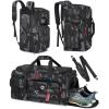 RAINSMORE Gym Bag for Men, 45L Sports Travel Duffel Bag with Shoe & Laptop Compartment, Gym Workout Backpack Carry On Weekender Bag Overnight Backpack for Travel, Black Camo(Black Camo)