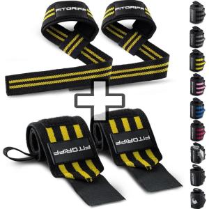 Fitgriff® Lifting Straps & Wrist Wraps (Bundle) Superior Support for Weightlifting & Gym Workouts – for Men and Women(Black/Yellow)