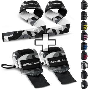 Fitgriff® Lifting Straps & Wrist Wraps (Bundle) Superior Support for Weightlifting & Gym Workouts – for Men and Women(Camo Grey)