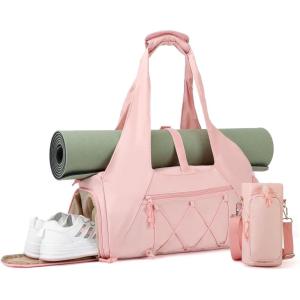 Gym Bag for Women, Yoga Mat Bag with Shoe Compartment and Wet Pocket, Sport Yoga Gym Bag with Yoga Strap, Carryall Yoga Tote Bag(Pink)