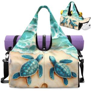 Gym Bag with Yoga Mat Holder Large Tote Bag With Multi Pockets for Women Men Dry Wet Separated Pocket Carryall Yoga Tote Bags for Pilates Travel Workout Office(Cute Sea Turtle)