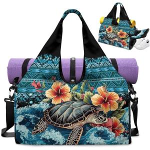 Gym Bag with Yoga Mat Holder Large Tote Bag With Multi Pockets for Women Men Dry Wet Separated Pocket Carryall Yoga Tote Bags for Pilates Travel Workout Office(Sea Turtle& flower)