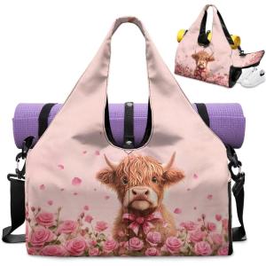 Gym Bag with Yoga Mat Holder Large Tote Bag With Multi Pockets for Women Men Dry Wet Separated Pocket Carryall Yoga Tote Bags for Pilates Travel Workout Office(Highland Cattle)
