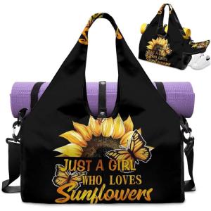 Gym Bag with Yoga Mat Holder Large Tote Bag With Multi Pockets for Women Men Dry Wet Separated Pocket Carryall Yoga Tote Bags for Pilates Travel Workout Office(Sunflower)