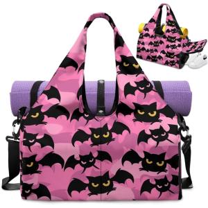 Gym Bag with Yoga Mat Holder Large Tote Bag With Multi Pockets for Women Men Dry Wet Separated Pocket Carryall Yoga Tote Bags for Pilates Travel Workout Office(Bat Print)