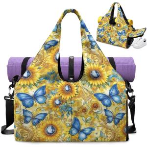 Gym Bag with Yoga Mat Holder Large Tote Bag With Multi Pockets for Women Men Dry Wet Separated Pocket Carryall Yoga Tote Bags for Pilates Travel Workout Office(Butterfly)
