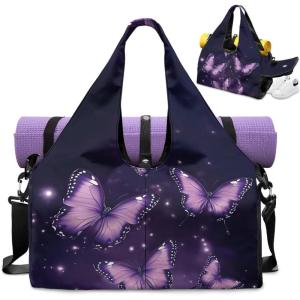 Gym Bag with Yoga Mat Holder Large Tote Bag With Multi Pockets for Women Men Dry Wet Separated Pocket Carryall Yoga Tote Bags for Pilates Travel Workout Office(Butterfly purple)