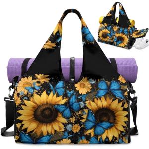 Gym Bag with Yoga Mat Holder Large Tote Bag With Multi Pockets for Women Men Dry Wet Separated Pocket Carryall Yoga Tote Bags for Pilates Travel Workout Office(Blue Butterfly)