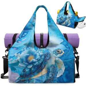 Gym Bag with Yoga Mat Holder Large Tote Bag With Multi Pockets for Women Men Dry Wet Separated Pocket Carryall Yoga Tote Bags for Pilates Travel Workout Office(Sea Turtle)