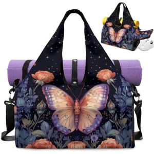 Gym Bag with Yoga Mat Holder Large Tote Bag With Multi Pockets for Women Men Dry Wet Separated Pocket Carryall Yoga Tote Bags for Pilates Travel Workout Office(Pink Butterfly)