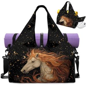 Gym Bag with Yoga Mat Holder Large Tote Bag With Multi Pockets for Women Men Dry Wet Separated Pocket Carryall Yoga Tote Bags for Pilates Travel Workout Office(Running Horse)