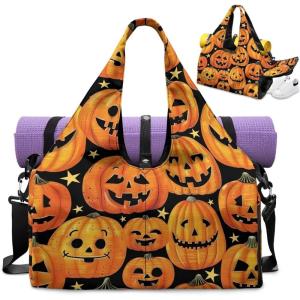 Gym Bag with Yoga Mat Holder Large Tote Bag With Multi Pockets for Women Men Dry Wet Separated Pocket Carryall Yoga Tote Bags for Pilates Travel Workout Office(Halloween Pumpkin)