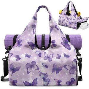 Gym Bag with Yoga Mat Holder Large Tote Bag With Multi Pockets for Women Men Dry Wet Separated Pocket Carryall Yoga Tote Bags for Pilates Travel Workout Office(Purple Butterfly)