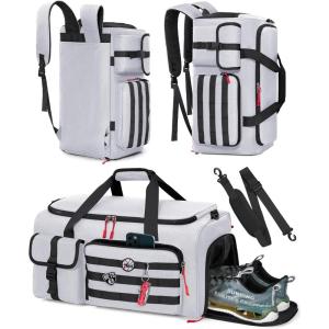 RAINSMORE Gym Bag for Men, 45L Sports Travel Duffel Bag with Shoe & Laptop Compartment, Gym Workout Backpack Carry On Weekender Bag Overnight Backpack for Travel, Black Camo(White-grey)