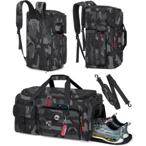 RAINSMORE Gym Bag for Men, 45L Sports Travel Duffel Bag with Shoe & Laptop Compartment, Gym Workout Backpack Carry On Weekender Bag Overnight Backpack for Travel, Black Camo(Black Camo)