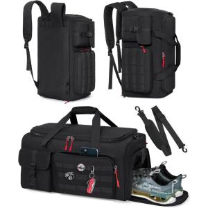 RAINSMORE Gym Bag for Men, 45L Sports Travel Duffel Bag with Shoe & Laptop Compartment, Gym Workout Backpack Carry On Weekender Bag Overnight Backpack for Travel, Black Camo(Black)