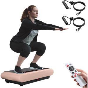 Vibration Plate Exercise Machine – Whole Body Workout Vibration Platform Lymphatic Drainage Machine for Weight Loss Home Fitness with Resistance Bands Remote(Bluetooth-Pink)