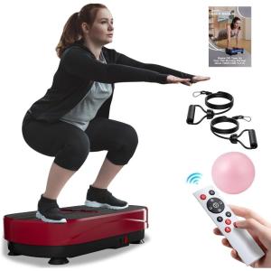 Vibration Plate Exercise Machine – Whole Body Workout Vibration Platform Lymphatic Drainage Machine for Weight Loss Home Fitness with Resistance Bands Remote(Flat-Red)