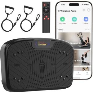 Vibration Plate Exercise Machine, Vibrating Plate Platform for Lymphatic Drainage with 200 Adjustable Speeds, Power Vibration Plate for Weight Loss & Fitness, Supports Weight 450 Lbs(Black-APP)